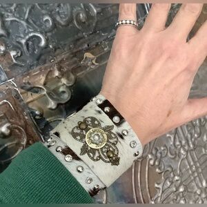 Embellished Cowhide Leather Cuff Bracelet ,up to 6 1/2” wrist